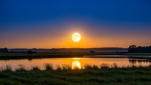 Pleine lune lumineuse se levant au crépuscule d’été au-dessus d’un horizon français dégagé, avec un ciel bleu profond et des reflets ambrés réalistes.