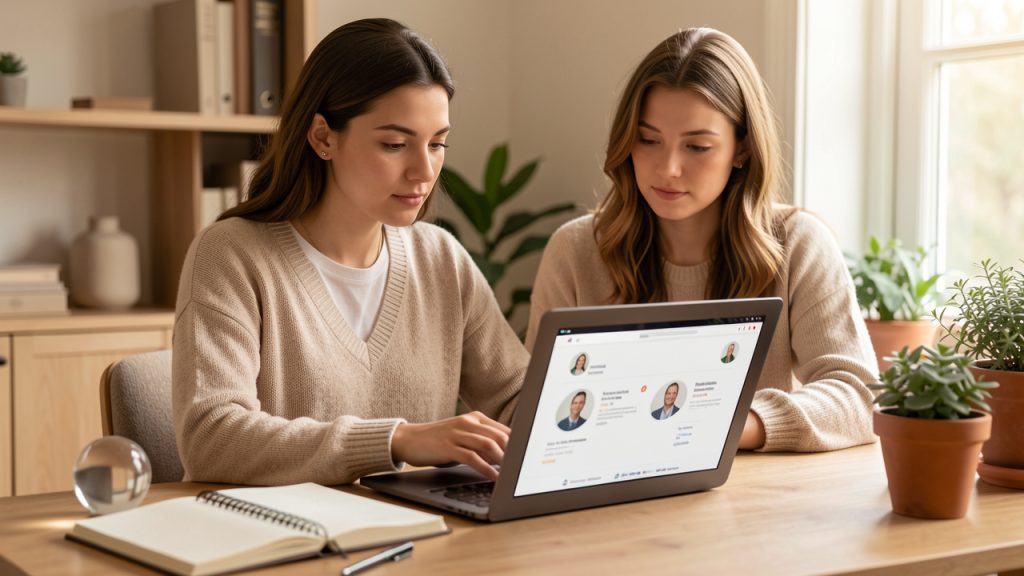 Une jeune femme réfléchie compare des profils de consultation en ligne dans un bureau à domicile chaleureux et rassurant.