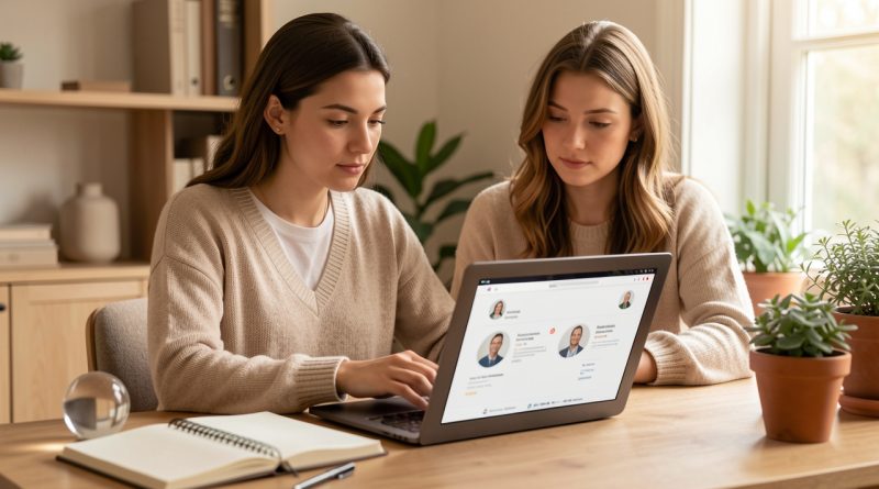 Une jeune femme réfléchie compare des profils de consultation en ligne dans un bureau à domicile chaleureux et rassurant.