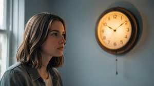 Une jeune femme réfléchit calmement près d’une horloge ancienne au cadran sans indications, dans une atmosphère douce évoquant le doute et l’introspection.