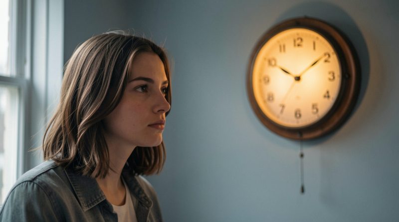 Une jeune femme réfléchit calmement près d’une horloge ancienne au cadran sans indications, dans une atmosphère douce évoquant le doute et l’introspection.