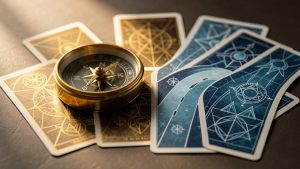 Cartes de tarot aux motifs abstraits placées près d’une boussole et de deux chemins divergents, symbolisant des réponses opposées concernant l’avenir professionnel.