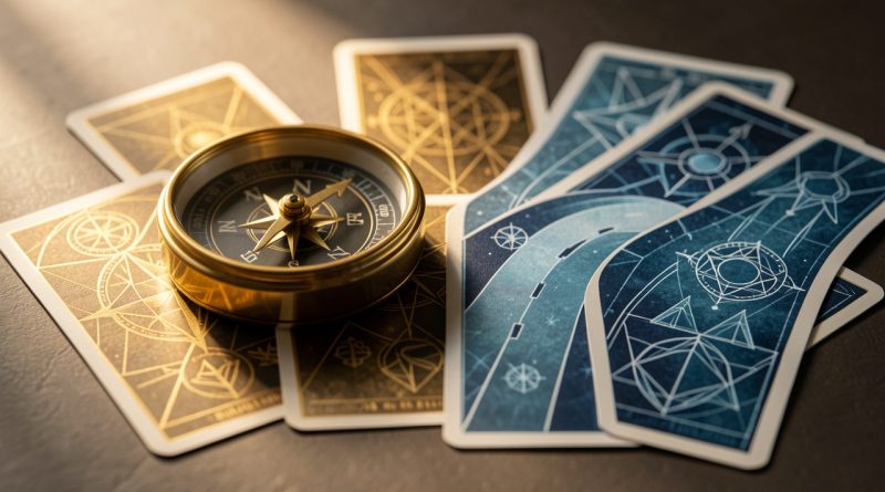 Cartes de tarot aux motifs abstraits placées près d’une boussole et de deux chemins divergents, symbolisant des réponses opposées concernant l’avenir professionnel.