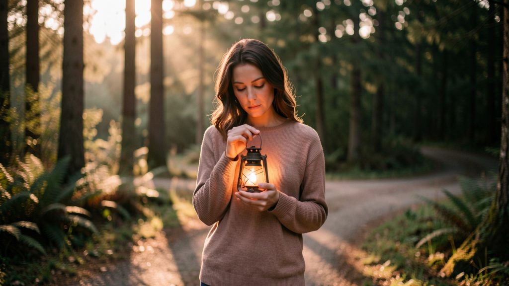 Une femme réfléchie se tient à un carrefour forestier baigné de lumière et choisit son propre chemin, une lanterne chaleureuse près du cœur.