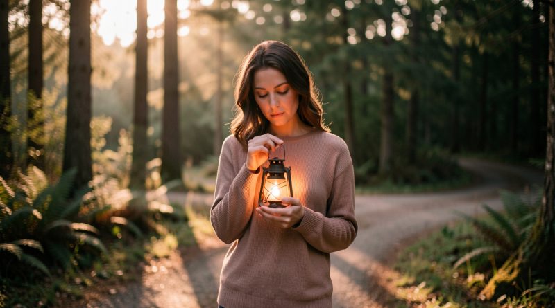 Une femme réfléchie se tient à un carrefour forestier baigné de lumière et choisit son propre chemin, une lanterne chaleureuse près du cœur.