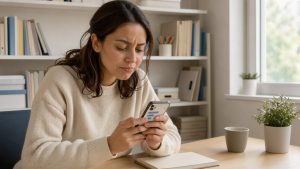 Une jeune femme consulte avec prudence des messages suspects de voyance sur son smartphone, dans un bureau lumineux et protecteur.