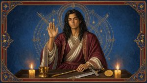 Illustration mystique d’une carte de tarot représentant un jeune homme sage en robe bordeaux et ivoire, entouré d’objets symboliques et de motifs dorés à la lumière des bougies.