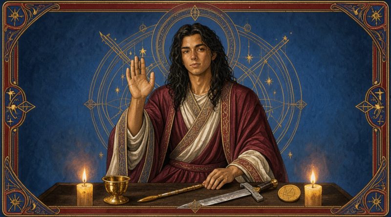 Illustration mystique d’une carte de tarot représentant un jeune homme sage en robe bordeaux et ivoire, entouré d’objets symboliques et de motifs dorés à la lumière des bougies.