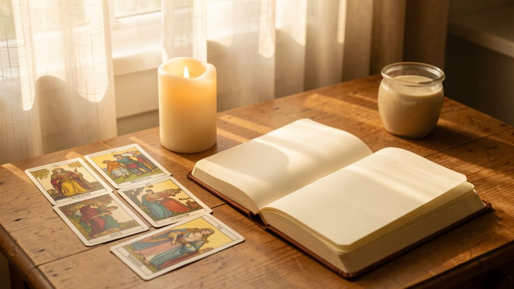Table chaleureuse avec des cartes de tarot illustrées, un carnet ouvert aux pages vierges et une bougie douce dans la lumière paisible d’un dimanche matin.