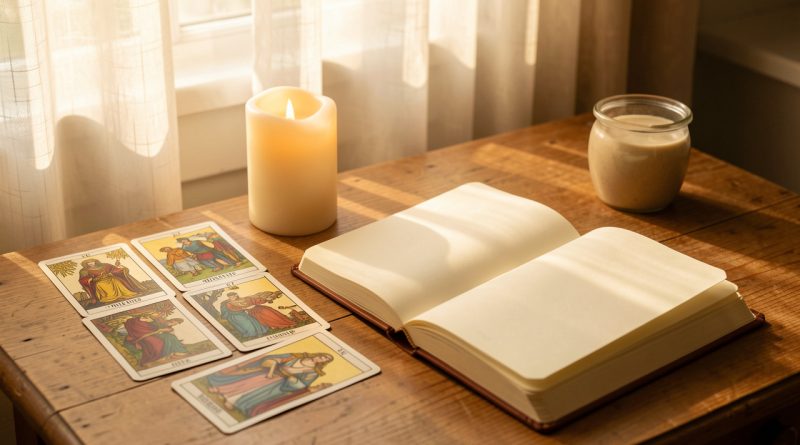 Table chaleureuse avec des cartes de tarot illustrées, un carnet ouvert aux pages vierges et une bougie douce dans la lumière paisible d’un dimanche matin.